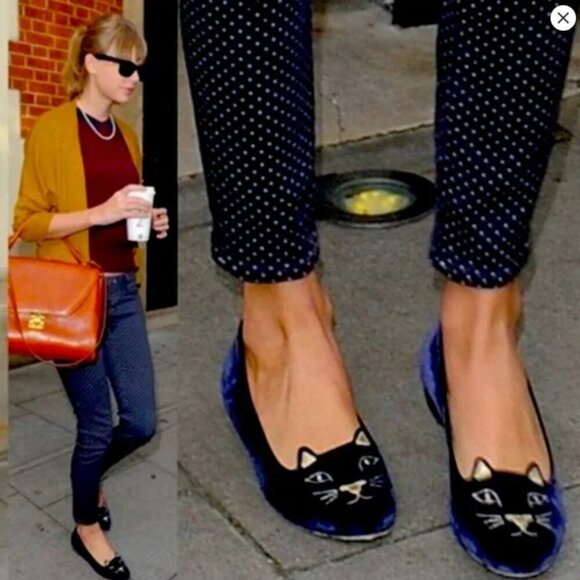 Charlotte Olympia Kitty Cat Navy Blue Velvet Flats Loafers Gold, EU 39 US 8.5-9 - Picture 10 of 12